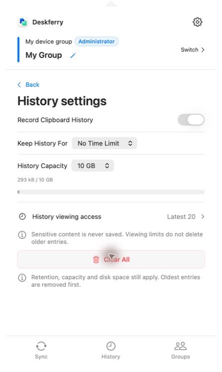 Deskferry History settings showing the recording switch, the Keep History For period and the History Capacity limit