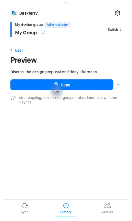 Deskferry's history preview showing a saved sentence above the Copy button